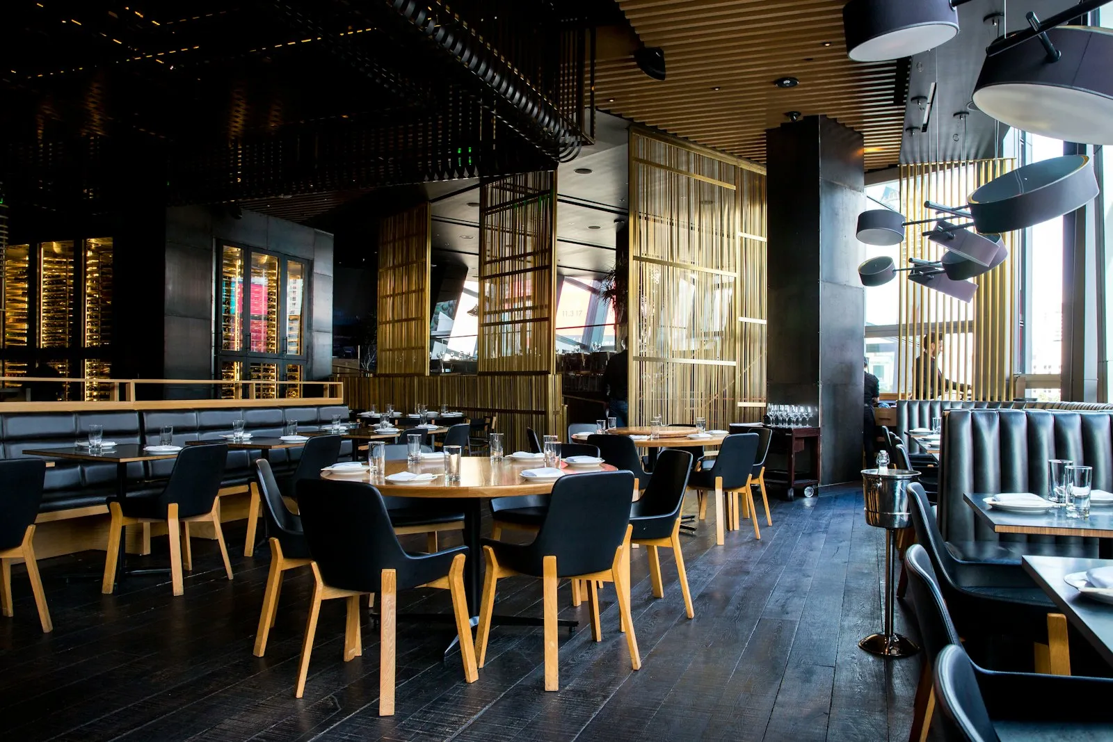 The Fuoco dining room set for dinner service